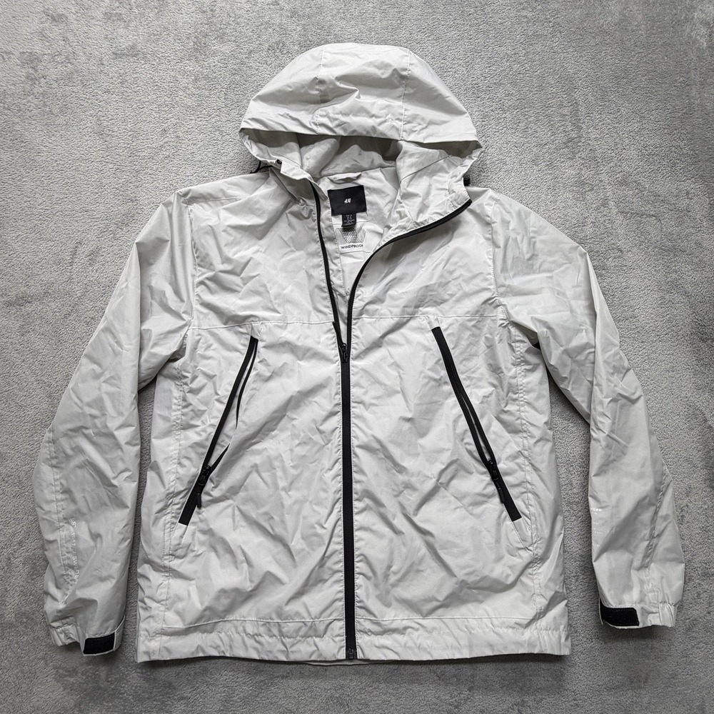 H&M Jacket Mens Medium Light Gray Hooded Windproof Full‎ Zip Techwear Mesh Lined